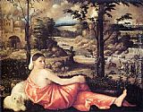 Giovanni Cariani Reclining Woman in a Landscape painting